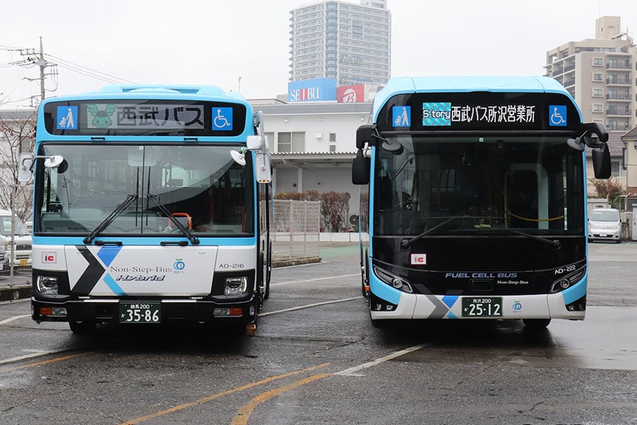 既存のハイブリッドバス（向かって左）と並んだ燃料電池バス「SORA」（2020年11月25日、柘植優介撮影）。