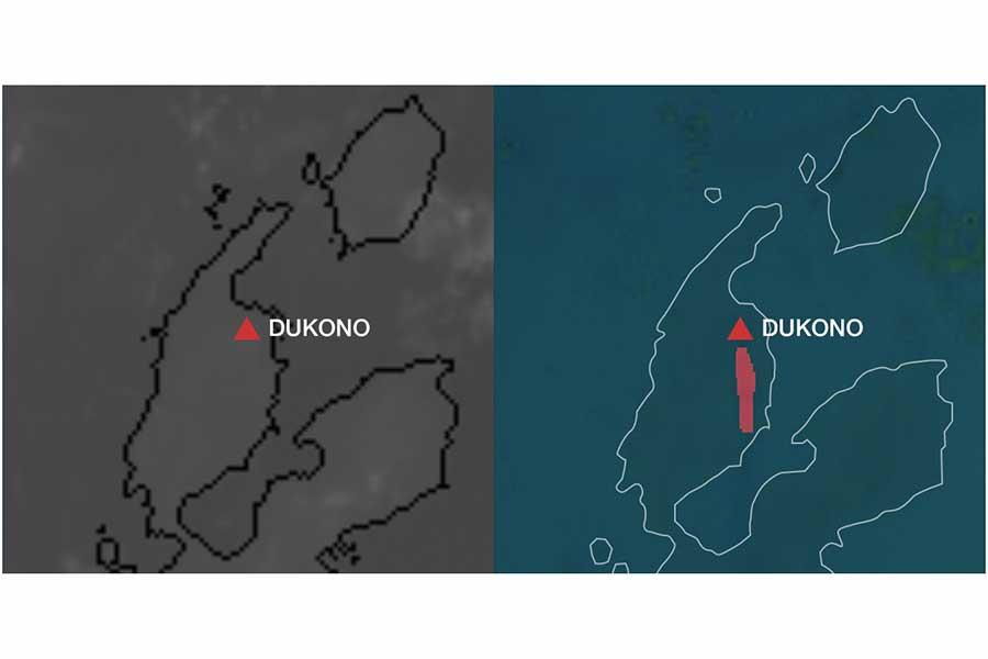 インドネシア・ドゥコノ山の噴煙は、左のひまわり8号2021年4月5日6時10分（JST）の赤外画像では確認できないが、AI火山灰検知システムは捉えた（画像：ウェザーニューズ）。