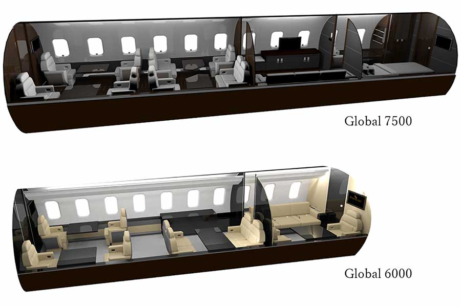 ボンバルディアの最新Global 7500型機と、前モデルGlobal6000型機の3D内装図（画像：双日）。