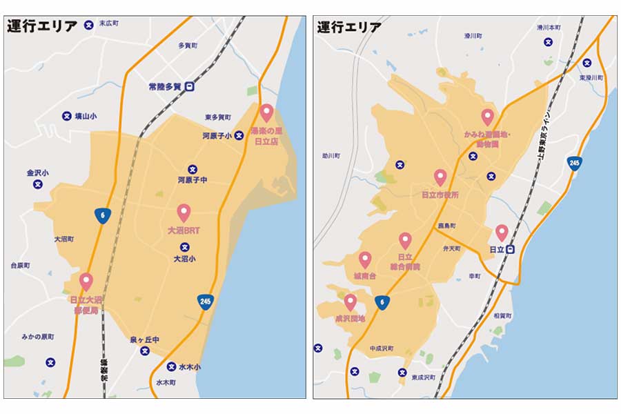 AIデマンドサービス運行エリア。左が大沼エリア、右が宮田・助川・成沢エリア（画像：みちのりホールディングス）。