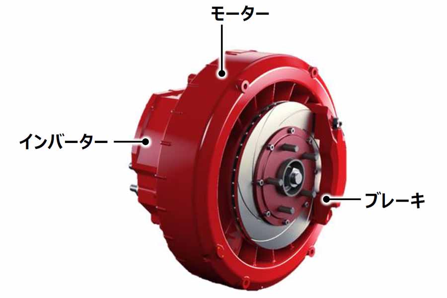 ダイレクト駆動システム「Direct Electrified Wheel」。赤色部分をホイール内部に搭載（画像：日立製作所）。