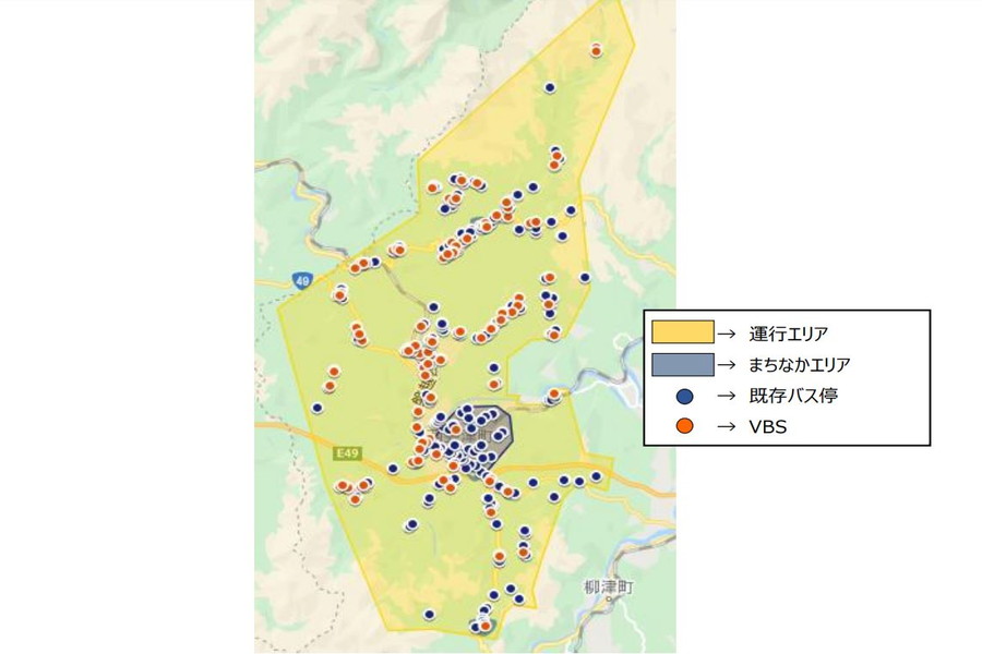 AIデマンドサービスの利用範囲と乗降場所（画像：みちのりホールディングス）。