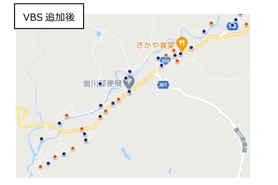 仮想バス停導入後の停留所配置状況。よりきめ細やかに乗降可能場所が配置されている（画像：みちのりホールディングス）。