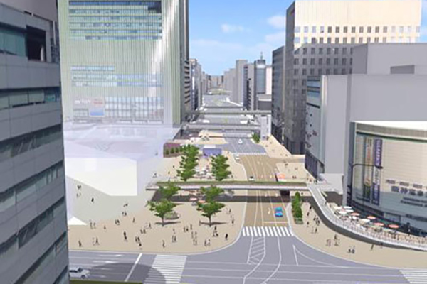 三宮駅前は今後、10車線を順次削減し歩行者空間を拡大していく（画像：神戸市）。