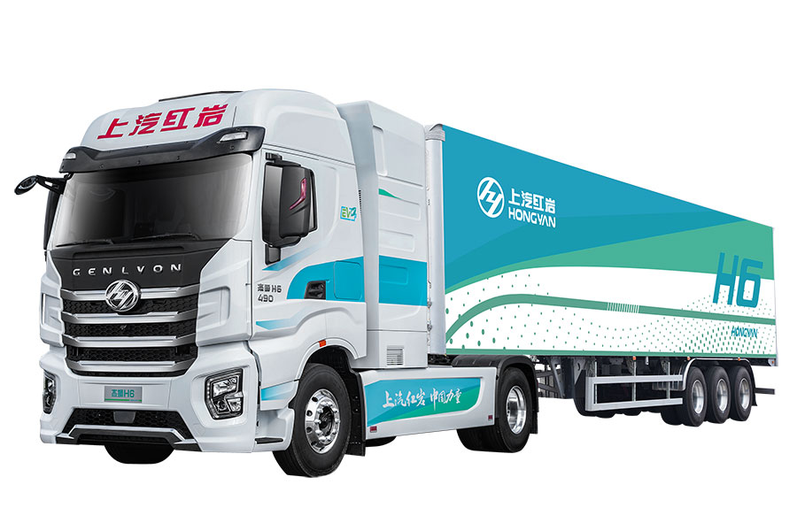中国の上海依維柯紅岩（SAIC- Hongyan）による電池交換式EVトラックの例。キャブの背面がバッテリー（画像：上汽依維柯紅岩）。