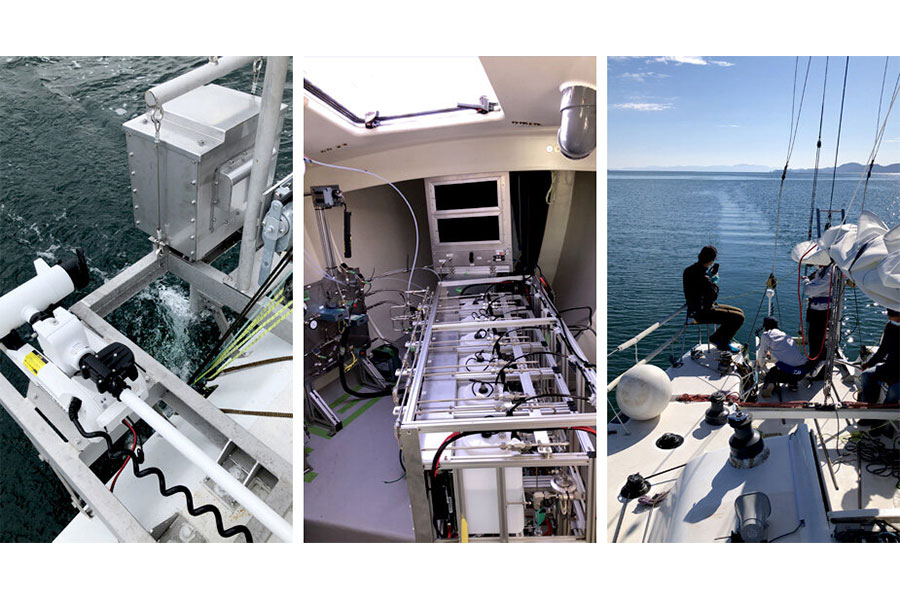 商船三井らが2021年11～12月に実証運航を行った「ウインズ丸」。海洋風による発電→船内で水素を生産・貯蔵→貯蔵水素を使用した燃料電池による発電→電動プロペラによる推進で運航に成功。大型船の動力開発にも活かす（画像：商船三井）。