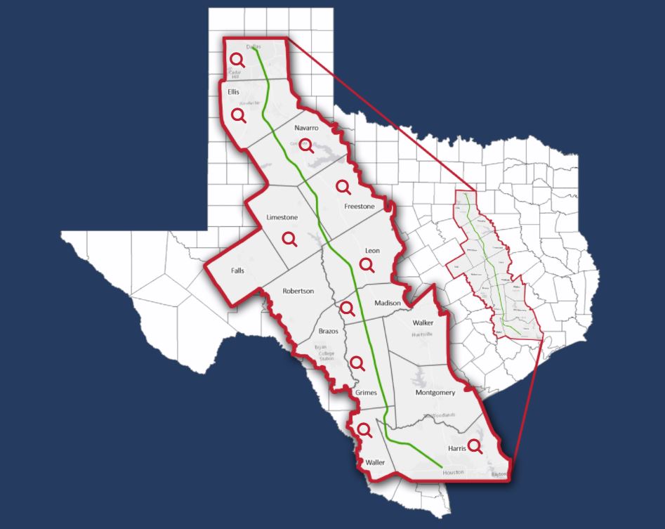 テキサス高速鉄道のルート計画（画像：Texas Central Railroad）。