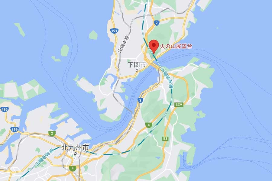 山口県下関市にある火の山展望台の位置（画像：(C)Google）