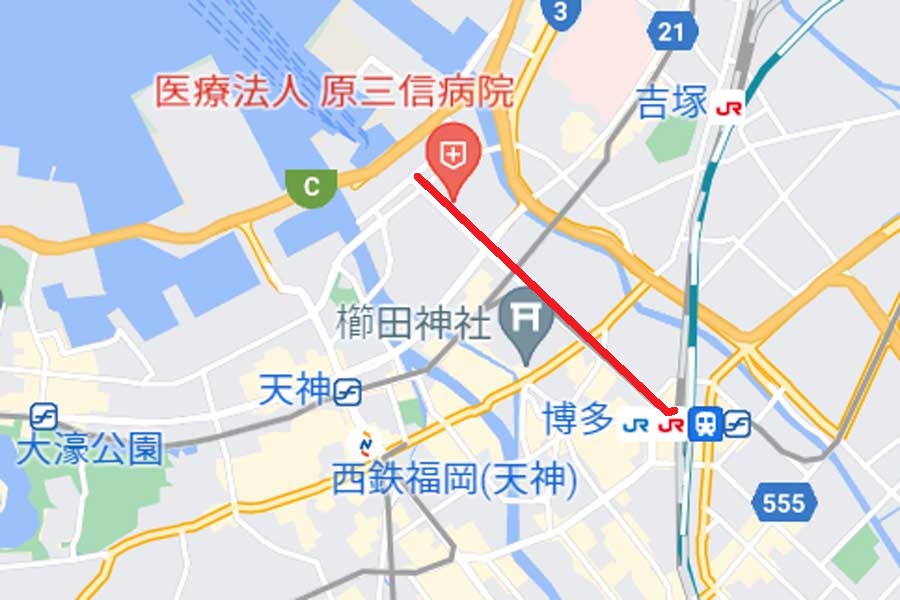 赤線部分が「福岡スカイウェイ構想」のルートイメージ（画像：(C)Google）