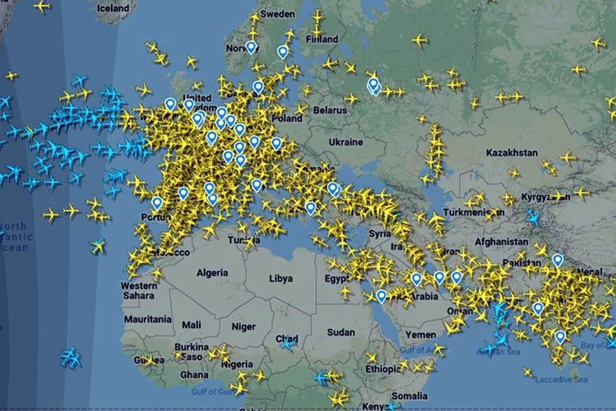 民間航空機の現在位置を提供するサイト「Flightradar24」（画像：Flightradar24）