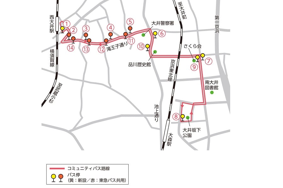 品川区コミュニティバスの運行路線図（画像：品川区）