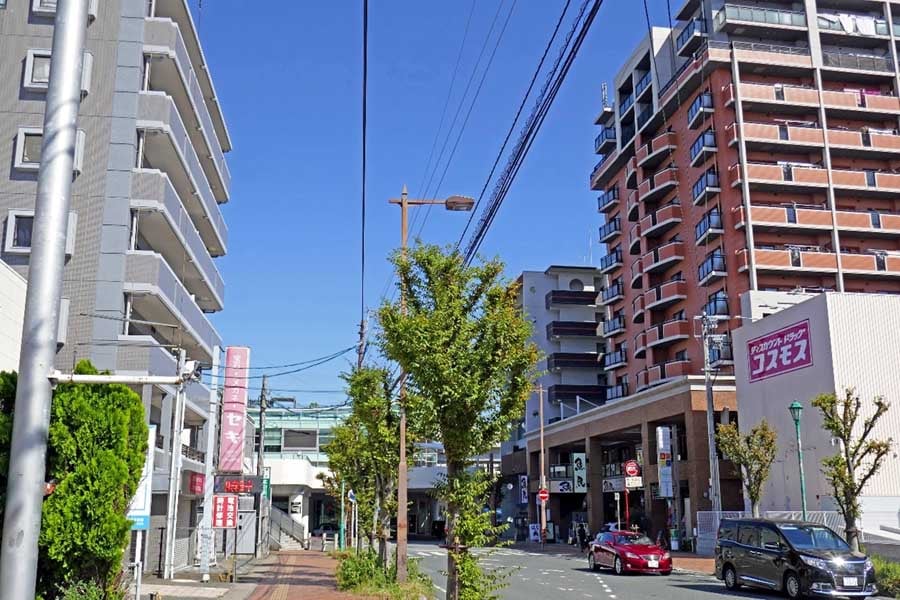 博多南駅の駅前通り。多くのマンションを始め、居酒屋、塾、ドラッグストアなどが並び、新幹線駅ではなく「ありふれた郊外の在来線駅前」の雰囲気だった（画像：若杉優貴）