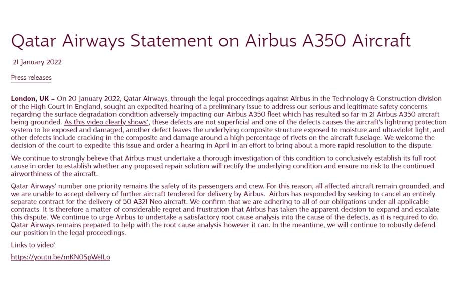2022年1月21日に発表された「カタール航空、エアバスA350型機に関する声明を発表」というプレスリリース（画像：カタール航空）
