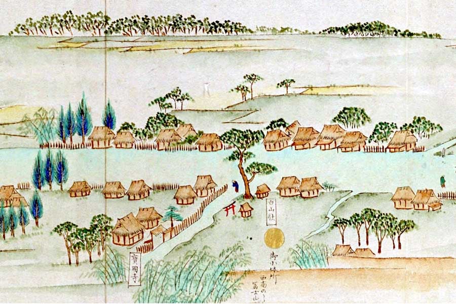 時代は特定されていないが、粕壁宿（現在の埼玉県春日部市）を描いた絵の写本。簡略化されているが宿泊施設らしい家屋が見える。『日光道中絵図巻』（画像：国立公文書館）