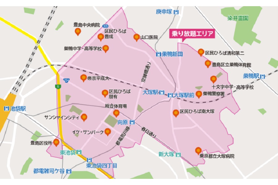 自動車のエリア定額乗り放題「mobi」、東京都豊島区の対象エリア（画像：Community Mobility）