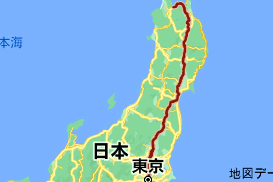 東京都中央区と青森県青森市を結ぶ「国道4号線」（画像：(C)Google）