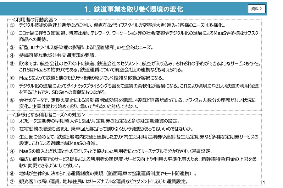 「鉄道運賃・料金制度のあり方に関する小委員会」の論点整理 資料（画像：国土交通省）