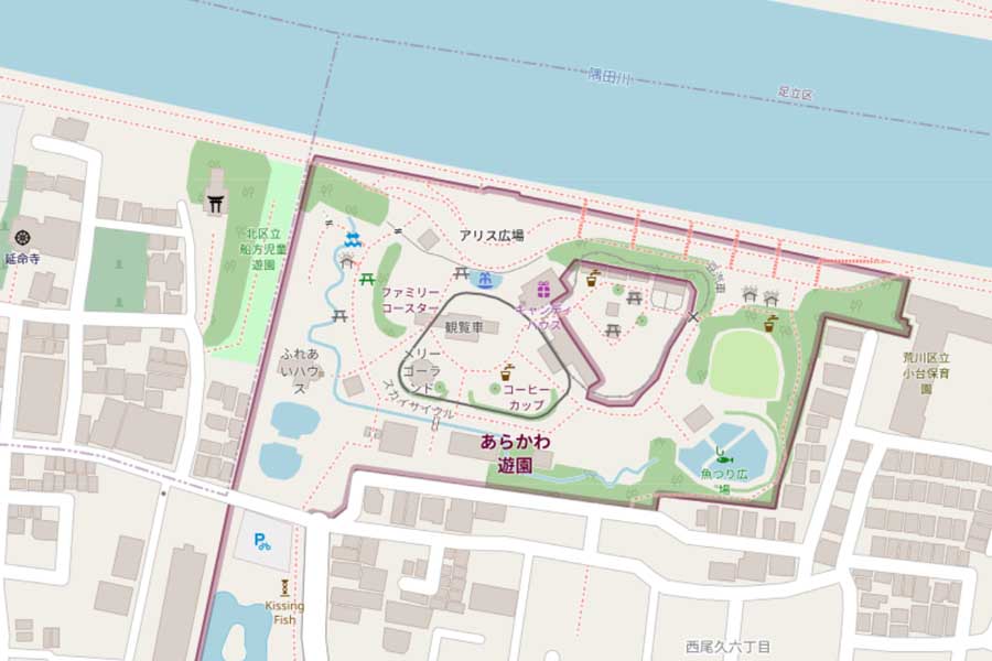 現在のあらかわ遊園周辺の地図（画像：国土地理院）