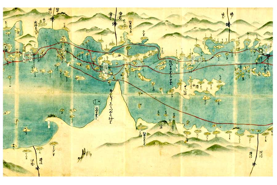 正確な年代は不明だが、江戸時代初期作成の『西国筋海上道法絵図』といわれる地図。赤い線が瀬戸内海の航路。複数の航路が記されていることから見て、北前船が運行していた時代のものと推測できる（画像：国立国会図書館）