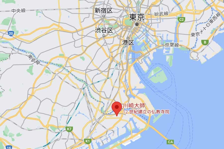 川崎大師と東京との位置関係（画像：(C)Google）