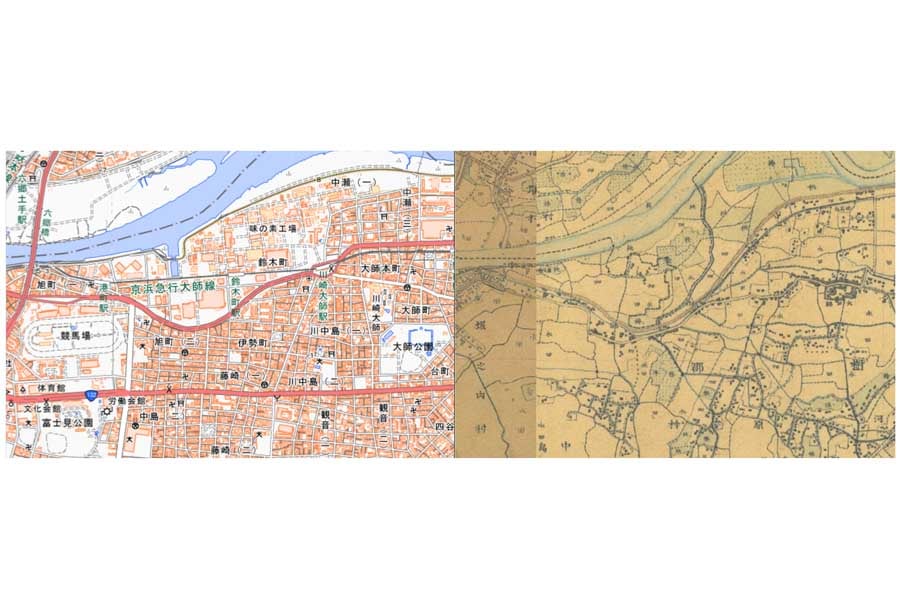 現在の川崎大師周辺の地図と明治初期の地図（画像：国土地理院、時系列地形図閲覧ソフト「今昔マップ3」〔(C)谷 謙二〕）