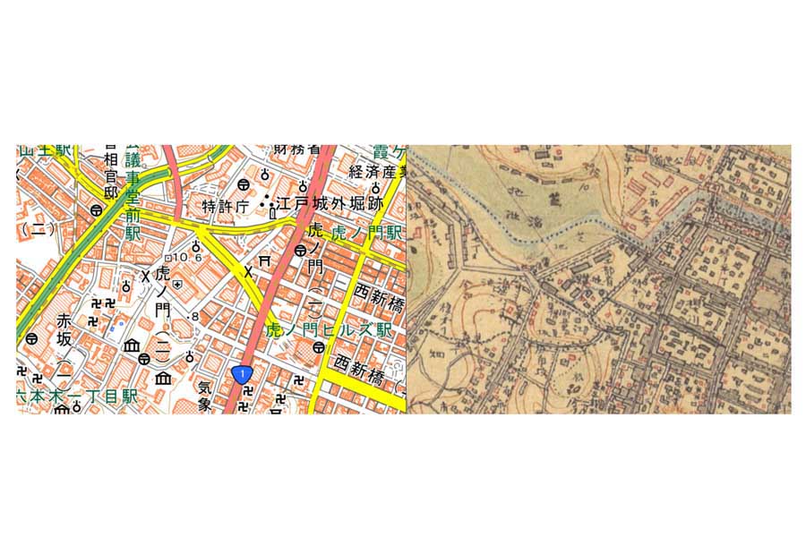 現在の虎ノ門（左）と明治初期の同エリア（画像：国土地理院、時系列地形図閲覧ソフト「今昔マップ3」〔（C）谷 謙二〕）