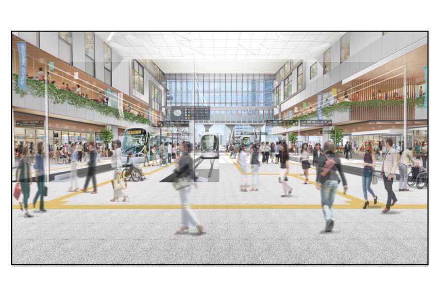 再開発後の広島駅南口広場内観イメージ。自由通路から南側を望む（画像：広島市）