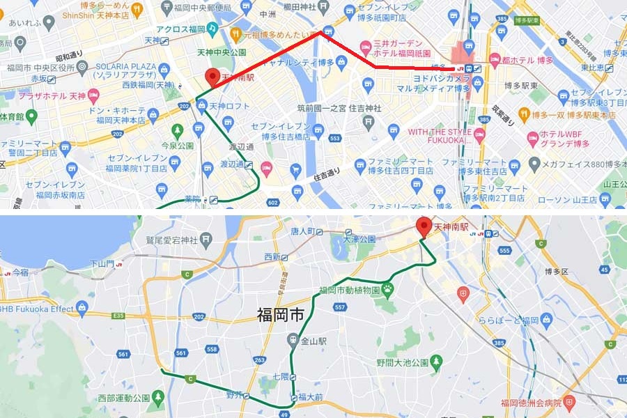 上図の赤線が延伸部分。下図は七隈線全体（画像：(C)Google）
