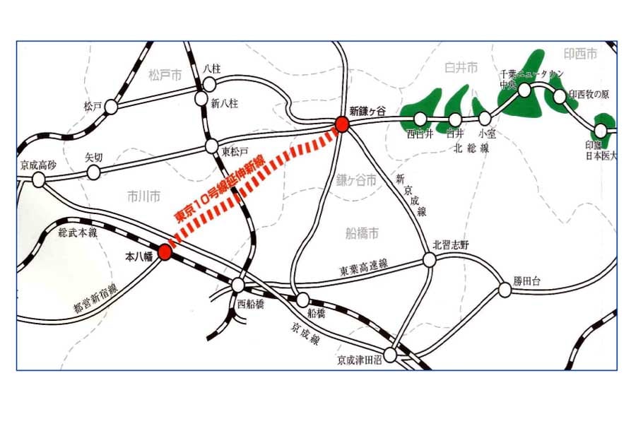 東京10号線延伸新線ルート図（画像：鎌ヶ谷市）