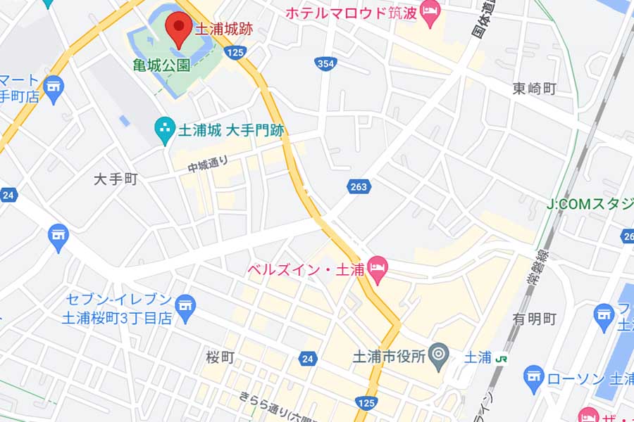 土浦城址と駅の位置関係（画像：(C)Google）