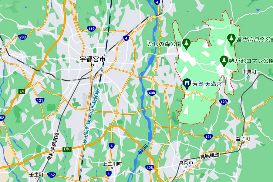 宇都宮市と芳賀町の位置関係（画像：(C)Google）