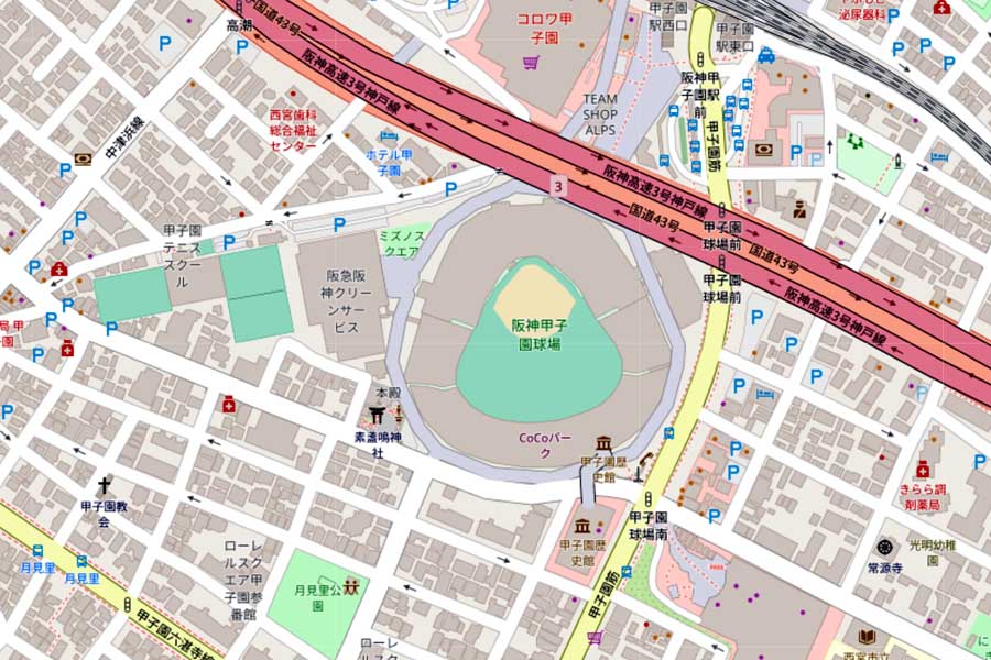現在の阪神甲子園球場周辺の地図（画像：国土地理院）