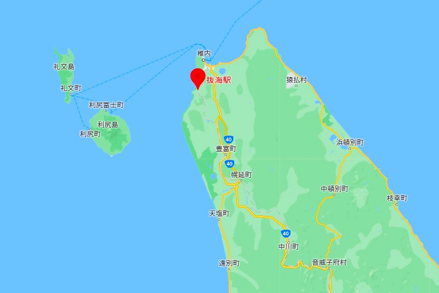 JR北海道・宗谷本線の抜海駅の位置（画像：（C）Google）