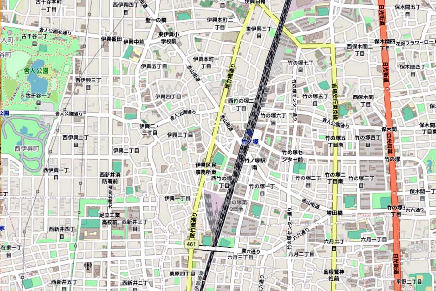 現在の竹ノ塚駅周辺の地図（画像：国土地理院）