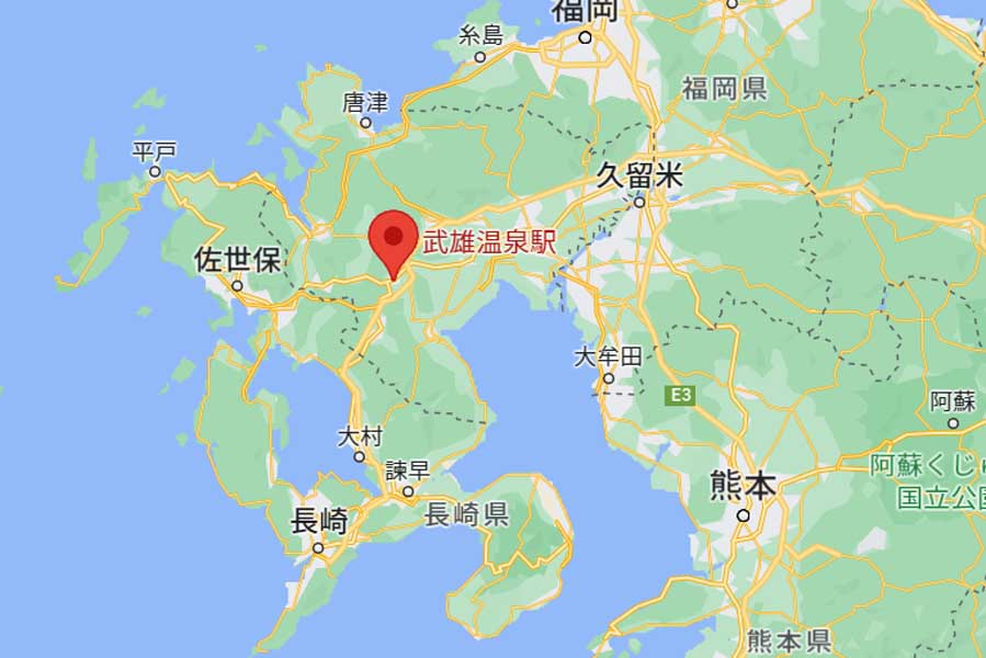 武雄温泉駅の位置（画像：(C)Google）