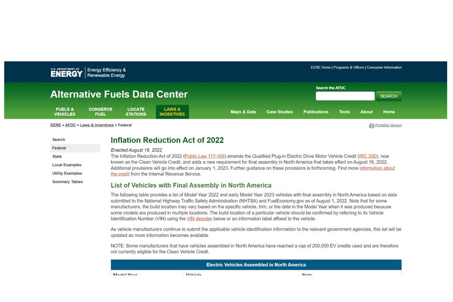 代替燃料データセンターのウェブサイト（画像：米国エネルギー省自動車技術局）