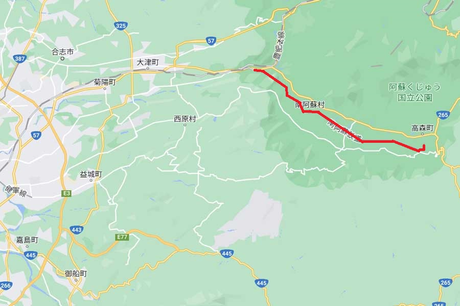 赤線部分が南阿蘇鉄道（画像：(C)Google）