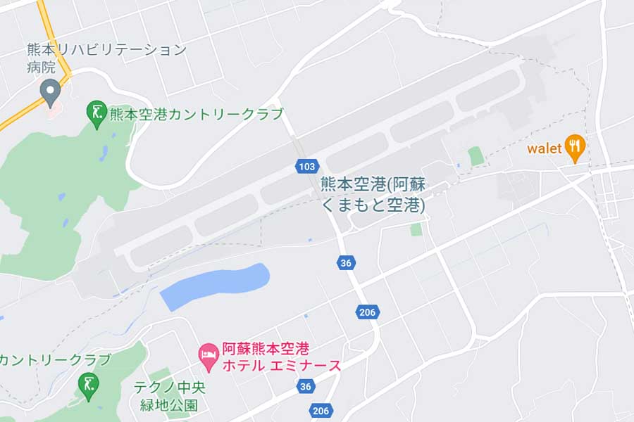 阿蘇くまもと空港の位置（画像：(C)Google）