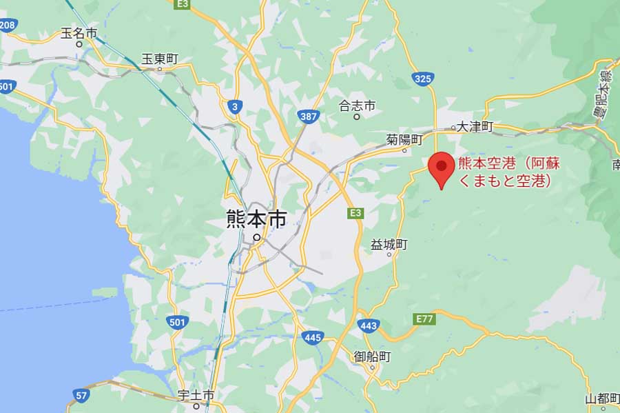 阿蘇くまもと空港の位置（画像：(C)Google）