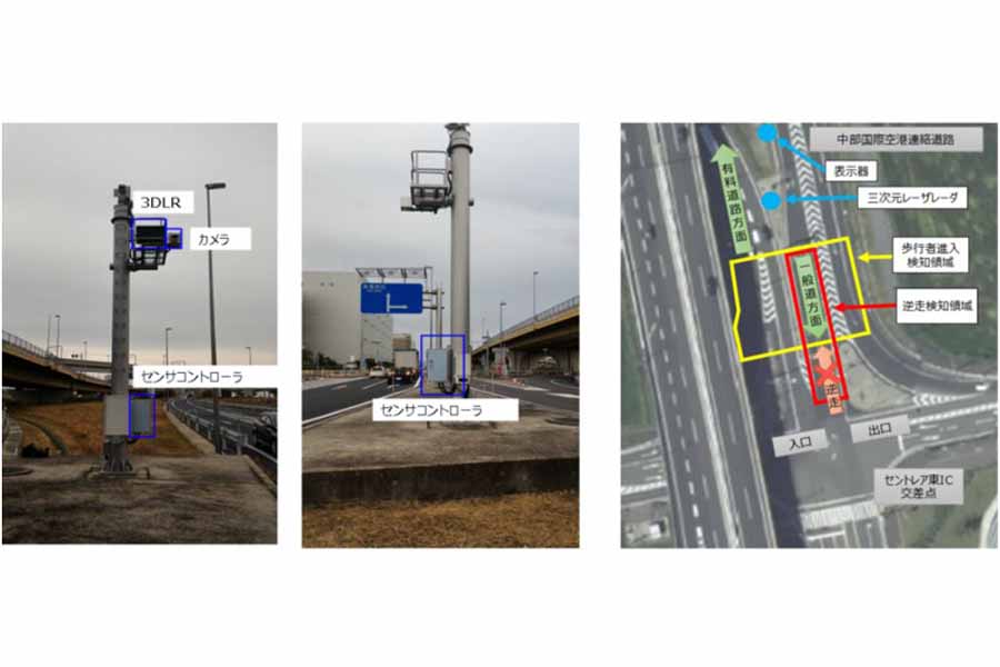 「逆走車・誤侵入歩行者防止システム」で車両や歩行者を検知し注意喚起する（画像：愛知アクセラレートフィールド）。