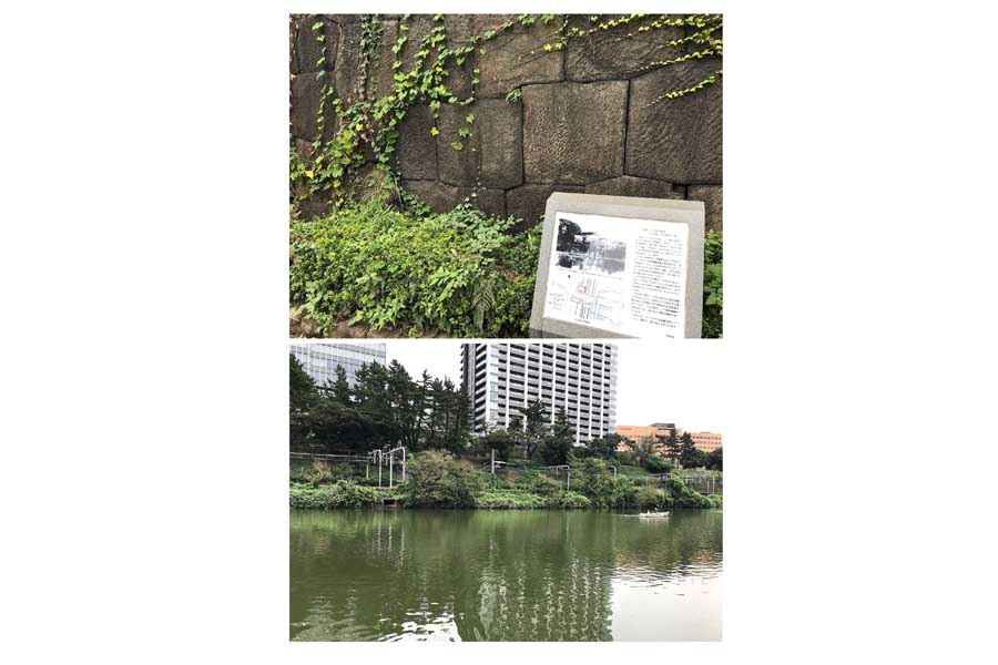 飯田橋西口を出て、牛込橋を渡ると牛込見附の石垣がある（写真上）。牛込濠の奥に見えるのは中央線線路。この一帯は埋め立てを逃れ、濠が現存している（写真下）（画像：小林明）