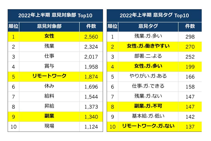 物流・建設業界の社員口コミ分析結果。「意見対象部」は「話題」を、「意見タグ」は「フレーズ」を意味する（画像：Insight Tech）