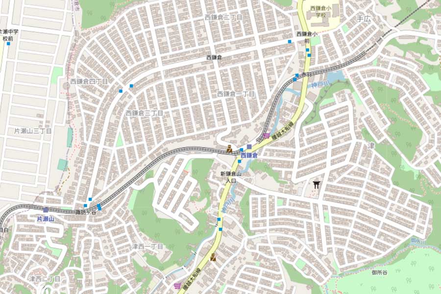 現在の西鎌倉駅周辺の地図。湘南モノレールの開業は1970年（画像：国土地理院）