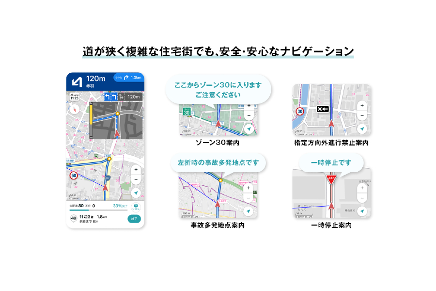 道の狭い住宅街や、初めての配達エリアでの法令順守や安全運転を支援するナビゲーション（画像：ナビタイムジャパン）