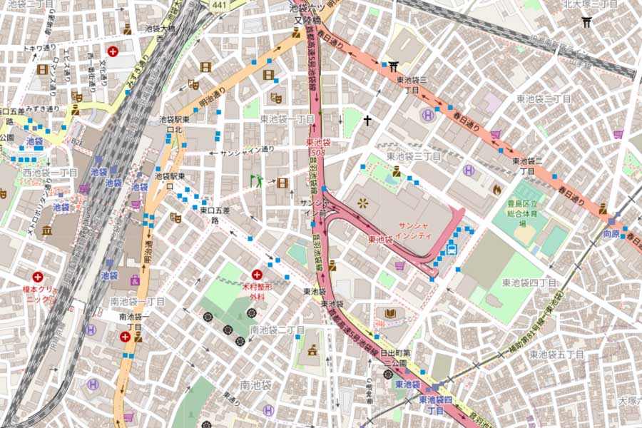 現在の池袋駅東口方面の地図（画像：国土地理院）