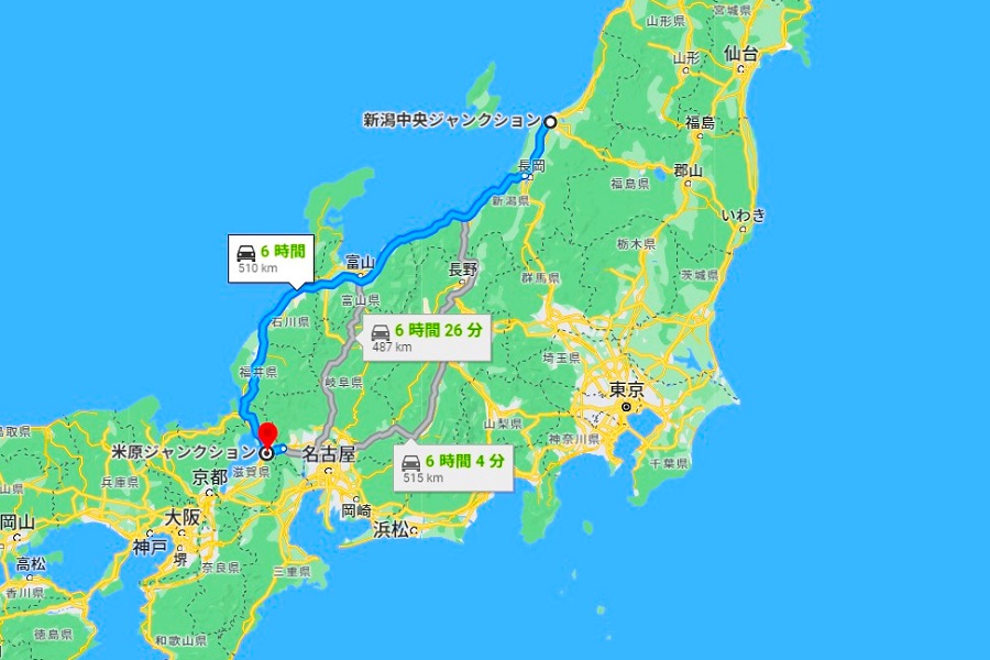 北陸自動車道の概略図（画像：（C）Google）