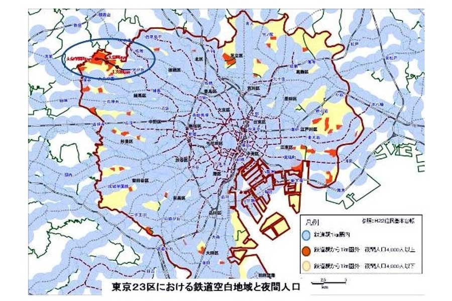 東京23区における鉄道空白地域と夜間人口（画像：練馬区）