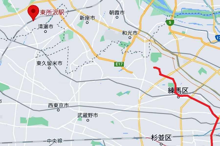 東所沢駅と大江戸線の位置関係（画像：(C)Google）