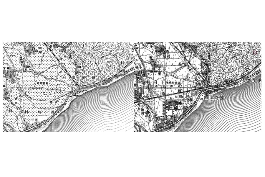 1898（明治31）年発行の地図（左）と1948（昭和23）年発行の地図。御殿場線の開業は1889年（画像：国土地理院、時系列地形図閲覧ソフト「今昔マップ3」〔(C)谷 謙二〕）