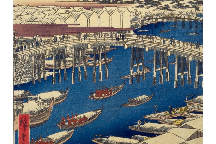 『名所江戸百景 日本橋雪晴』の日本橋川（水路）。架かった橋が日本橋。現在は水路上に首都高が走る（画像:国立国会図書館）
